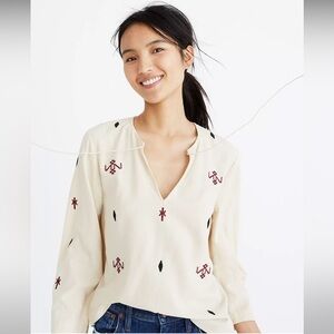 Madewell Embroidered Fringe Top w pom poms Silk Aztec XS blouse